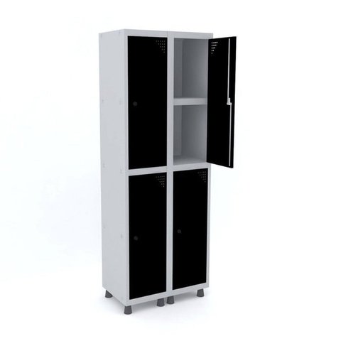 Armário Locker 2 Colunas 4 Portas com Prateleira Central com Pitão para Cadeado Cinza/Preto