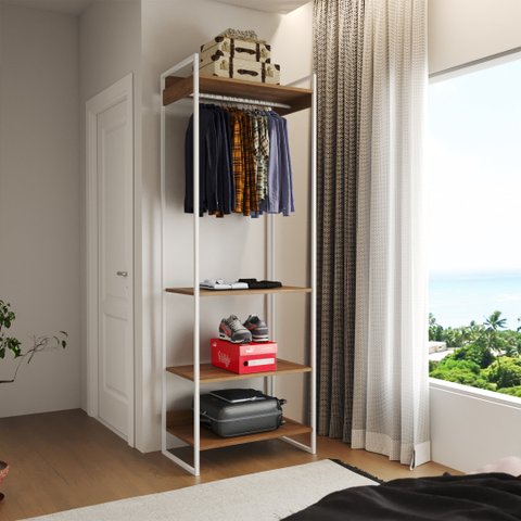 Modulo Closet Industrial Cabideiro Ferro Branco Amêndoa