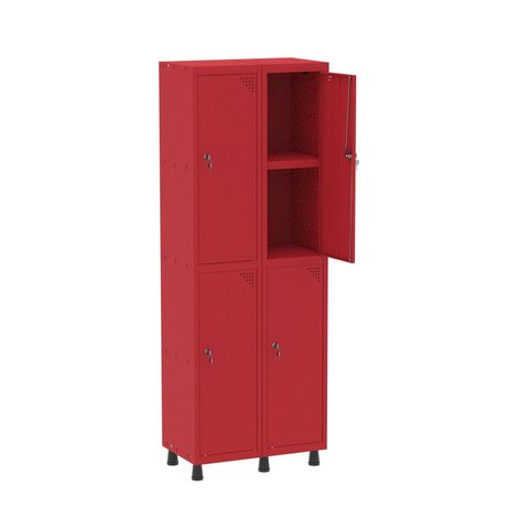 Armário Locker 2 Colunas, 4 Portas com Prateleira Central Duas Chaves Vermelho