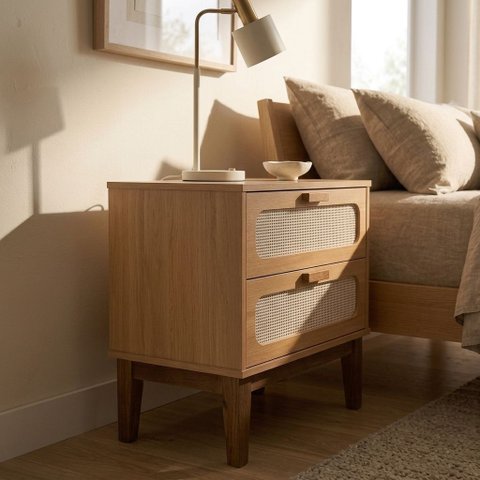 Mesa de Cabeceira Santorini 45cm Natural MDF com Pés de Madeira Maciça 2 Gavetas Estilo Retro
