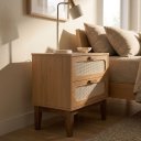 Ver imagem 1 de Mesa de Cabeceira Santorini 45cm Natural MDF com Pés de Madeira Maciça 2 Gavetas Estilo Retro