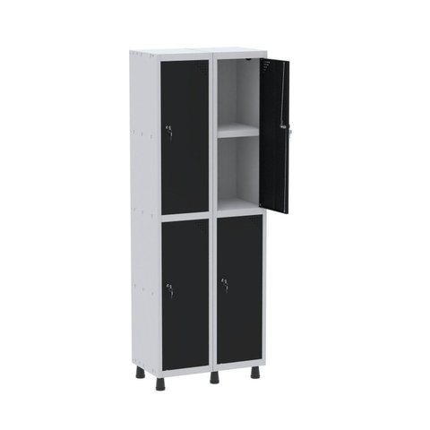 Armário Locker 2 Colunas, 4 Portas com Prateleira Central com Duas Chaves Cinza/Preto