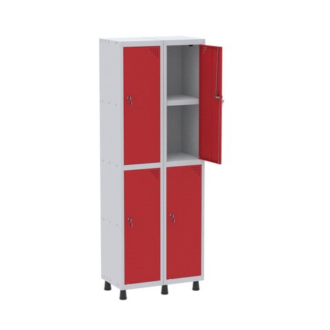 Armário Locker 2 Colunas, 4 Portas com Prateleira Central com 2 Chaves Cinza/Vermelho