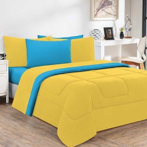 Kit Edredom + Jogo de Lençol Malha 100% Algodão Gran Moratta 7 Peças Casal - Amarelo-azul