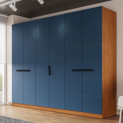 Guarda-roupa Casal Lisboa 6 Portas 4 Gavetas Freijó/azul - Politorno