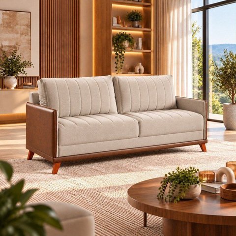 Sofá Living 3 Lugares 200cm Linho Seletto Bege Bronze