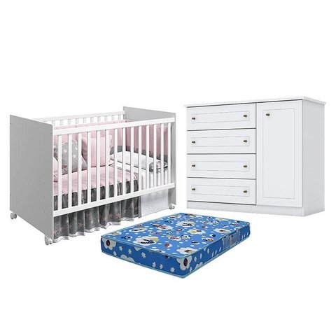 Berço Nacional Mel Branco Acetinado – Reller e Cômoda Infantil Americano Branco Hp e Colchão