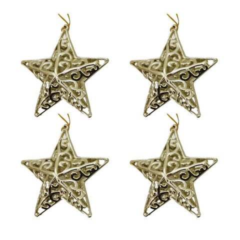 Kit 4 Estrelas Natal Tridimensional Arabesco Lisa Dourada 11cm - Magizi