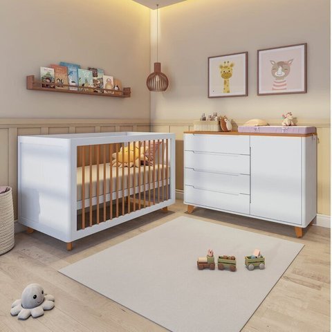 Conjunto Berço e Cômoda em Tampo Madeira Maciça Baby Tubbi Casatema MadeiraOriginals Branco/Caramelo