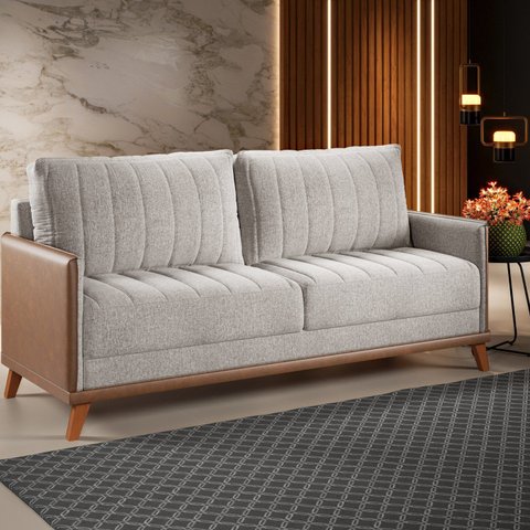 Sofá Living 3 Lugares 200cm Linho Seletto Bege Kaki