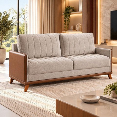 Sofá Living 3 Lugares 200cm Linho Seletto Bege Kaki