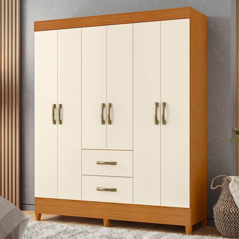Guarda-Roupa Casal 6 Portas 2 Gavetas Mobi Off White/Cinamomo