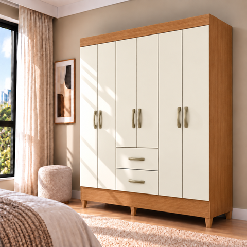 Guarda-Roupa Casal 6 Portas 2 Gavetas Mobi Cinamomo Off-White