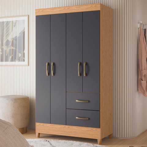 Guarda-Roupa Solteiro 4 Portas 2 Gavetas Mobi Cinza/Freijó/Titanium