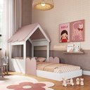 Ver imagem 1 de Cama Infantil Montessoriana C/ Proteção 108cm Estilo Casinha Cor:branco com Rosa Milkshake
