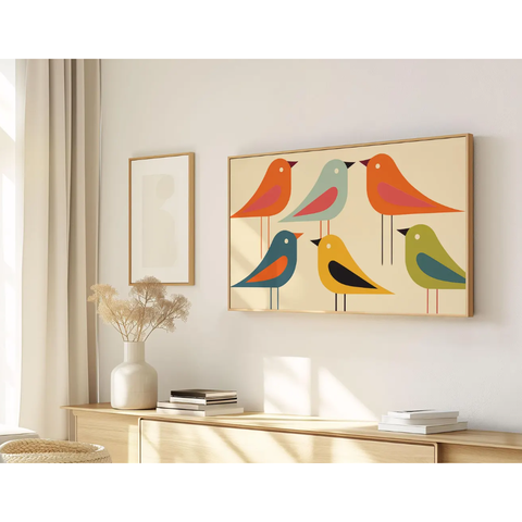Quadro Decorativo N°43 140x80cm - Panorâmico Pássaros Retrô Mid - Madeira Clara - Rollflex