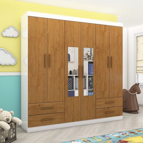 Guarda-Roupa 6 Portas 4 Gavetas com Espelho Infantil Perola Marrom/Branco/Cinamomo