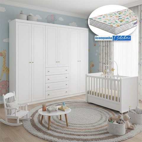 Berço Tutto New com Guarda Roupa Mississipi Ambiente 6 Portas Branco Fosco e Colchão Gazin - Matic