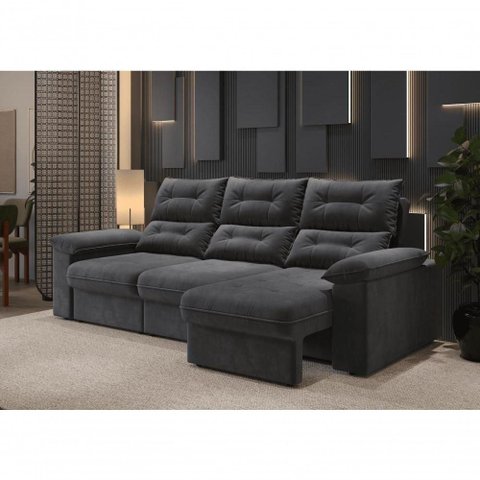 Sofá com Chaise Copacabana 4 Lugares Retrátil e Reclinável 230cm Grafite Cia Lar Móveis