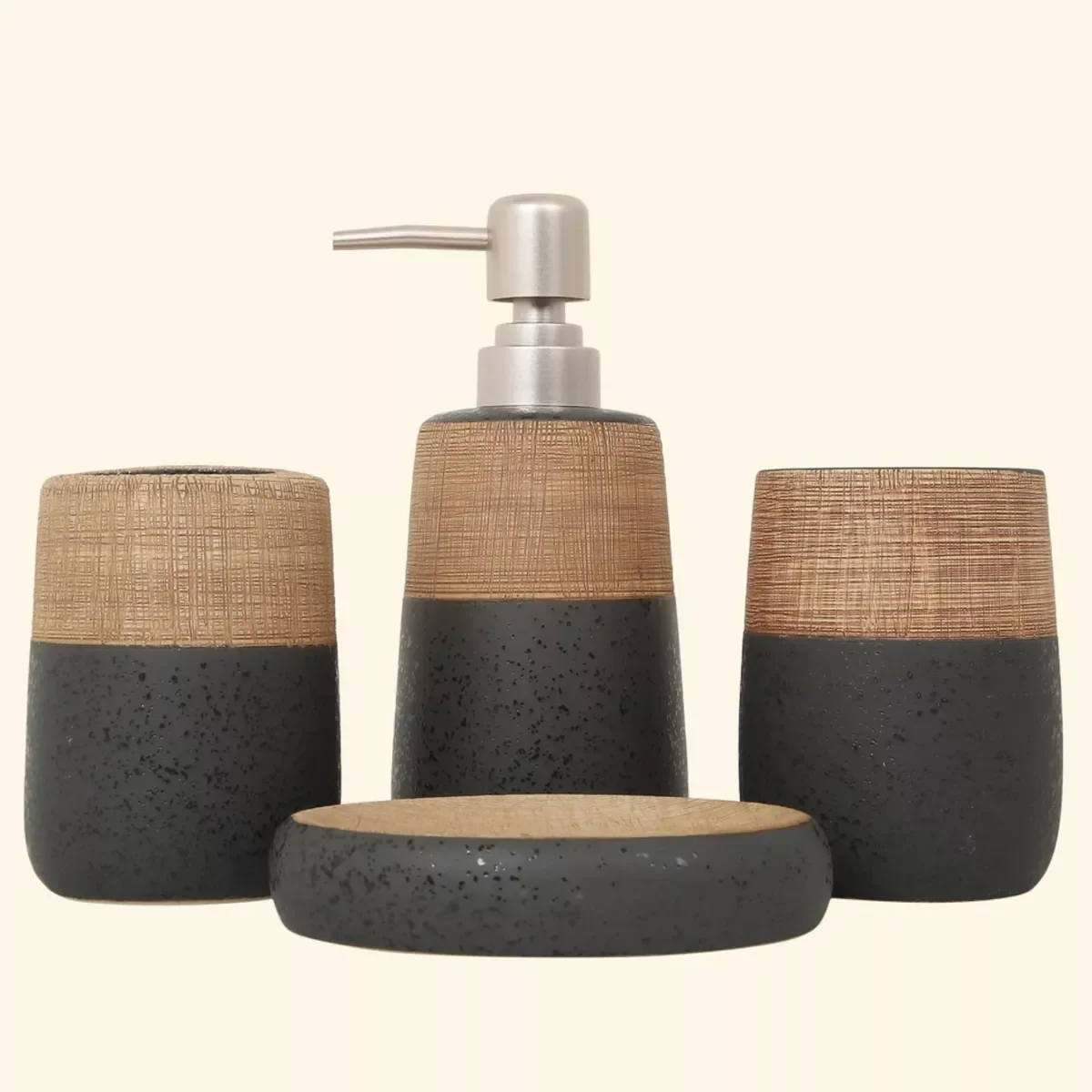 Kit Banheiro Cinza Lavabo 4 Peças Porta Sabonete Liquído Mesclado Marrom - 1