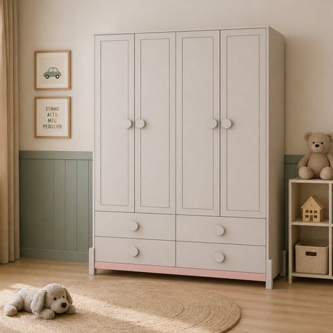Guarda-Roupa Infantil 4 Portas 4 Gavetas MDF Luna Bege/Areia/Rose