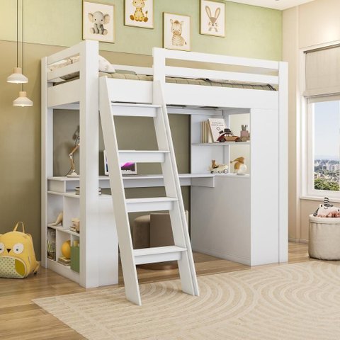 Cama Infantil Alta com Escrivaninha Crrui CAM007 6 Gavetas Grade de Proteção MDP Branco Fosco