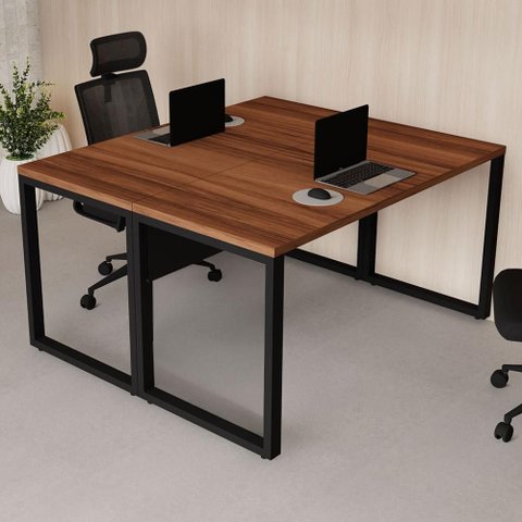 Plataforma de Trabalho 1,20 m X 1,20 m 2 Lugares Pés Metal 100% MDF F5 Office Cor:Nogal com Preto