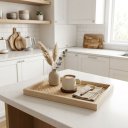 Ver imagem 4 de Bandeja Decorativa Estilo Rattan Retangular para Sala Lavabo e Café:Bege