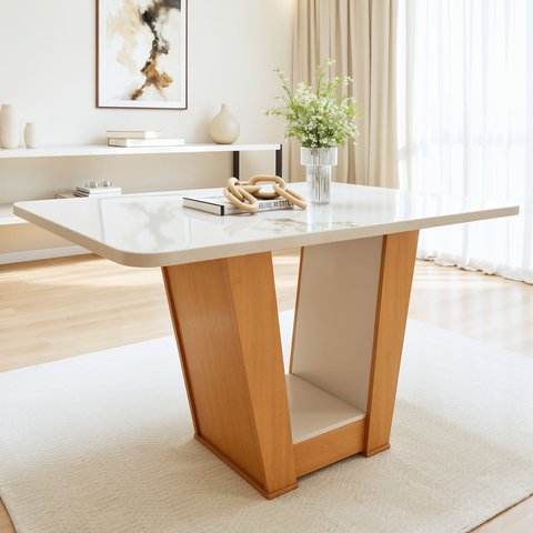 Mesa de Jantar Retangular 4 Lugares Tampo com Vidro 120cm Apogeu Bege Amêndoa Clean/Off White
