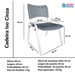 Kit com 4 Cadeiras Iso para Escola Escritório Comércio Cinza Base Branca - 6