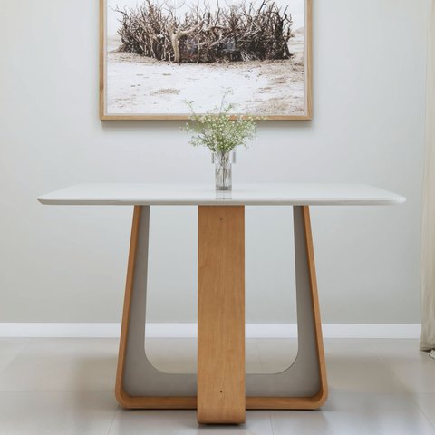 Mesa de Jantar Retangular 4 Lugares Tampo com Vidro 120cm Sintonia Bege Amêndoa Clean/Off White