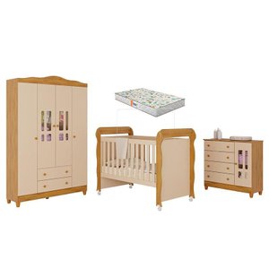 Quarto de Bebê Ariel 4 Portas com Berço Americano Mirelle Off White Bétula com Colchão Gazin –caroli