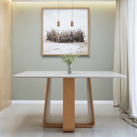 Mesa de Jantar Retangular 6 Lugares Tampo com Vidro 170cm Sintonia Bege Amêndoa Clean/Off White
