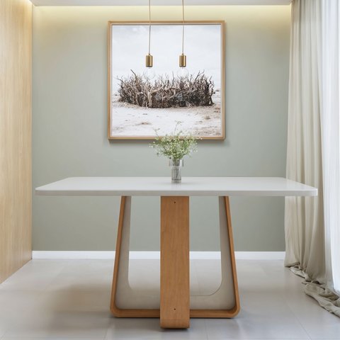 Mesa de Jantar Retangular 6 Lugares Tampo com Vidro 170cm Sintonia Bege Amêndoa Clean/Off White
