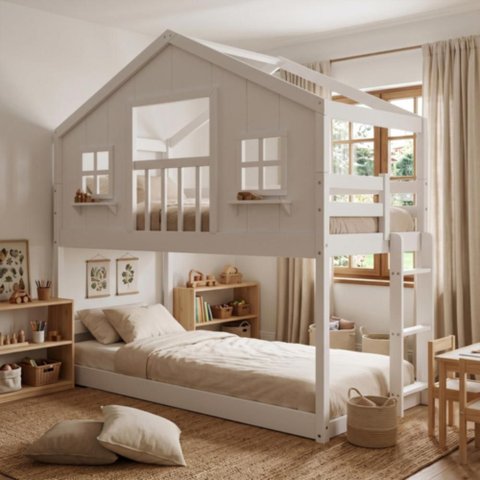 Beliche Infantil Montessoriano com Varanda Casinha Dos Sonhos Madeira Maciça Branco Megamobilia