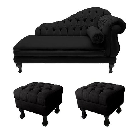 Recamier Divã Namoradeira Larissa 150cm + 2 Puffs Retrô Suede Preto