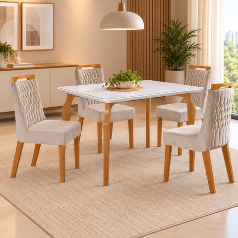 Conjunto Sala de Jantar Mesa Marialice com 4 Cadeiras Atena Cinamomo-Tampo Vidro/MDF /Off White/Bege