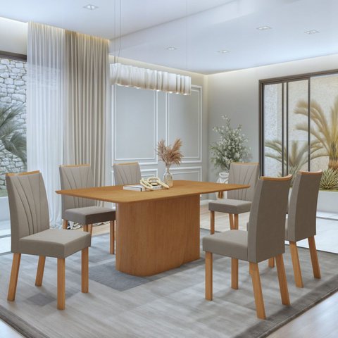Conjunto Sala de Jantar 6 Lugares Retangular Tampo MDF no Glass Mesa Luar com Cadeiras Apogeu Marrom Amêndoa Clean/Off White/Capuccino