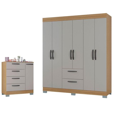 Cômoda 868 4 Gavetas e 1 Porta com Guarda Roupa Casal Tóquio 6 Portas Damasco Off White - Poquema