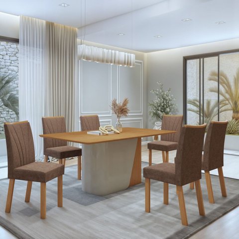 Conjunto Sala de Jantar 6 Lugares Retangular Tampo MDF no Glass Mesa Luar com Cadeiras Apogeu Marrom Off White/Amêndoa Clean/Avelâ