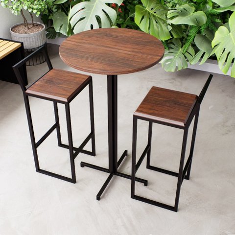 Conjunto Mesa Alta Bar Bistrô Redonda 2 Banquetas Confort Imbuia Industrial Black Don Castro Decor I