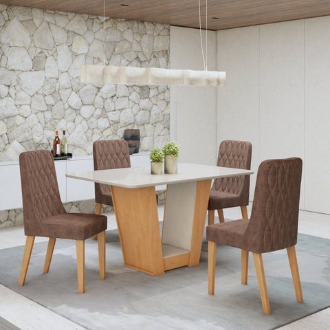 Conjunto Sala de Jantar 4 Lugares Retangular Tampo Vidro/MDF Mesa Apogeu com Cadeiras Luar Marrom Off White/Amêndoa Clean/Couro Avelâ