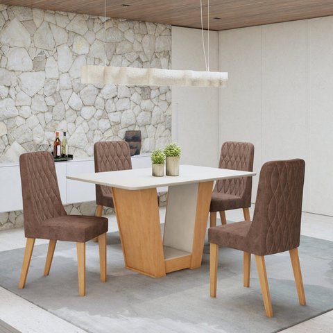 Conjunto Sala de Jantar 4 Lugares Retangular Tampo MDF Mesa Apogeu com Cadeiras Luar Marrom Amêndoa Clean/Off White/Couro Avelâ