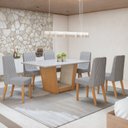 Ver imagem 1 de Conjunto Sala de Jantar 6 Lugares Retangular Tampo Vidro/MDF 170cm Mesa Apogeu com Cadeiras Luar Marrom Off White/Amêndoa Clean/Linho Cinza