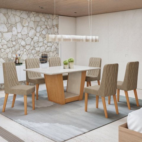 Conjunto Sala de Jantar 6 Lugares Retangular Tampo Vidro/MDF 170cm Mesa Apogeu com Cadeiras Luar Marrom Off White/Amêndoa Clean/Linho Rinzai Bege