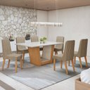 Ver imagem 1 de Conjunto Sala de Jantar 6 Lugares Retangular Tampo Vidro/MDF 170cm Mesa Apogeu com Cadeiras Luar Marrom Off White/Amêndoa Clean/Linho Rinzai Bege