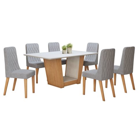 Conjunto Sala de Jantar 6 Lugares Retangular Tampo MDF Mesa Apogeu com Cadeiras Luar Marrom Off White/Amêndoa Clean/Linho Cinza