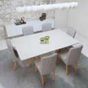 Ver imagem 2 de Conjunto Sala de Jantar 6 Lugares Retangular Tampo MDF Mesa Apogeu com Cadeiras Luar Marrom Off White/Amêndoa Clean/Linho Cinza