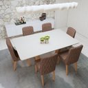 Ver imagem 2 de Conjunto Sala de Jantar 6 Lugares Retangular Tampo MDF Mesa Apogeu com Cadeiras Luar Marrom Off White/Amêndoa Clean/Couro Avelâ