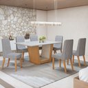 Ver imagem 1 de Conjunto Sala de Jantar 6 Lugares Retangular Tampo Vidro/MDF 160cm Mesa Apogeu com Cadeiras Luar Marrom Off White/Amêndoa Clean/Linho Cinza